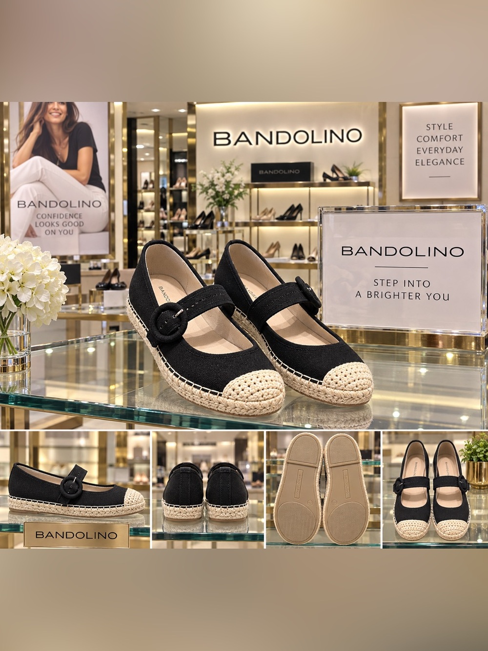 Bandolino Black Canvas Mary Jane Espadrilles with Natural Woven Toe 6.5 NWOT